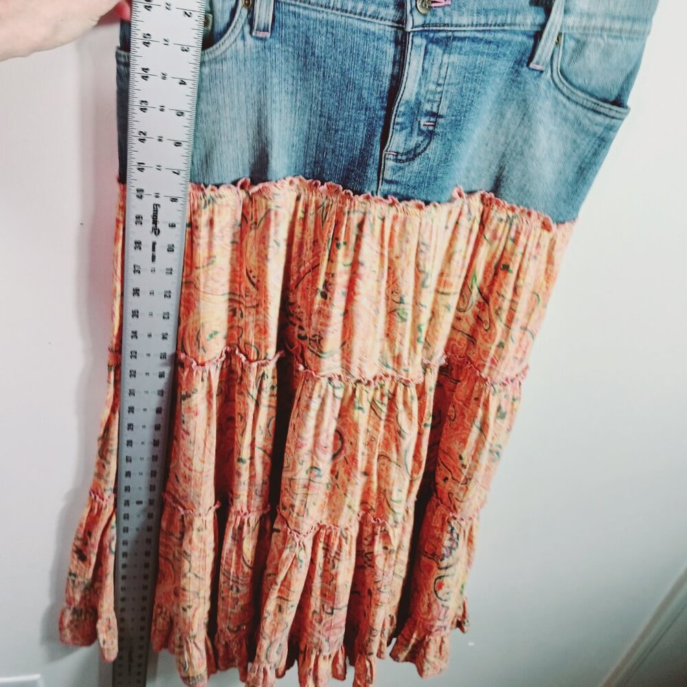 Lee, Mixed Media Midi Skirt Denim/Cotton Print, Size 9 M, Tiered Bottom, Western - Picture 14 of 16